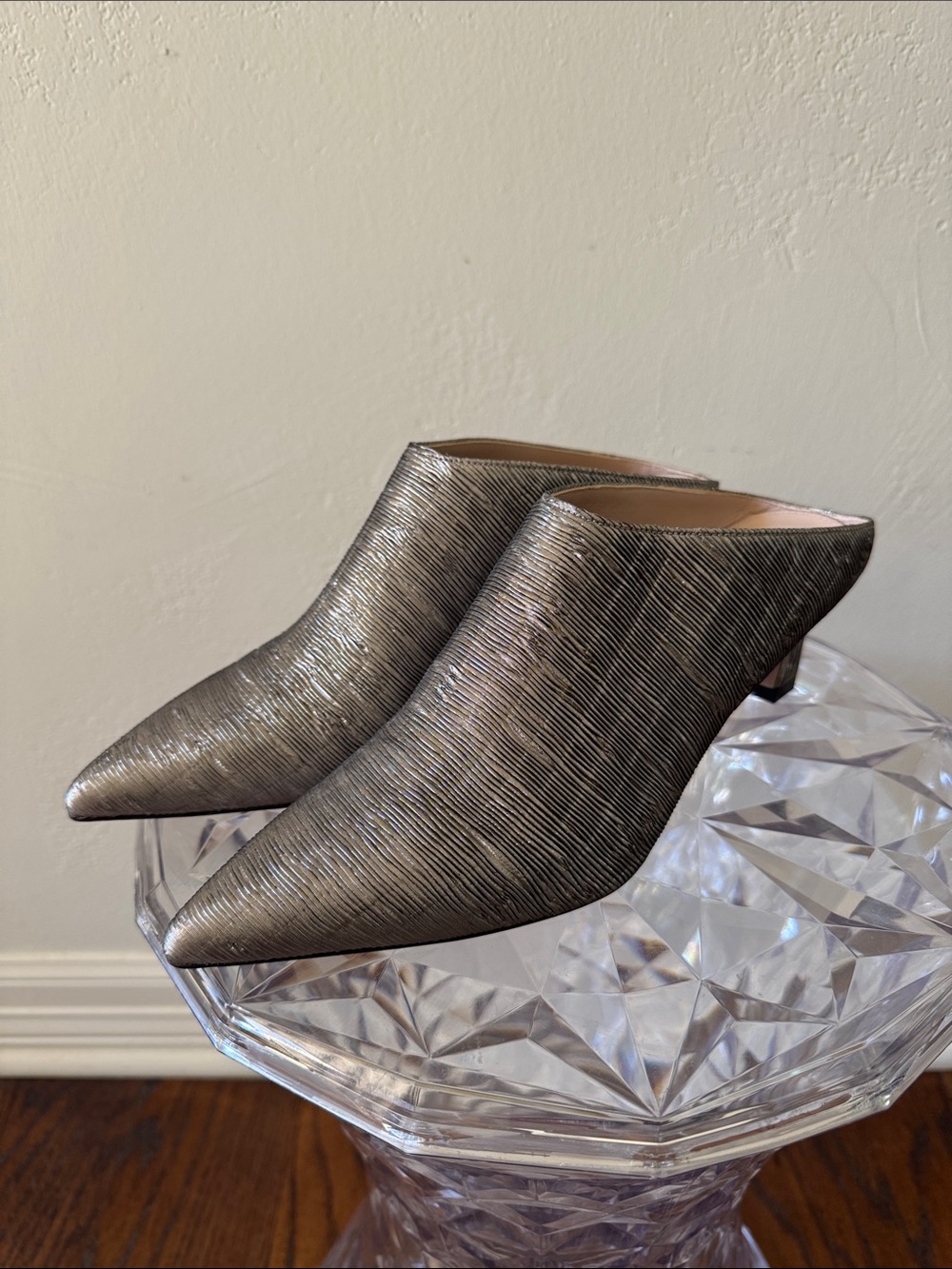 Metallic Pointed-Toe Mule Heels - Silver